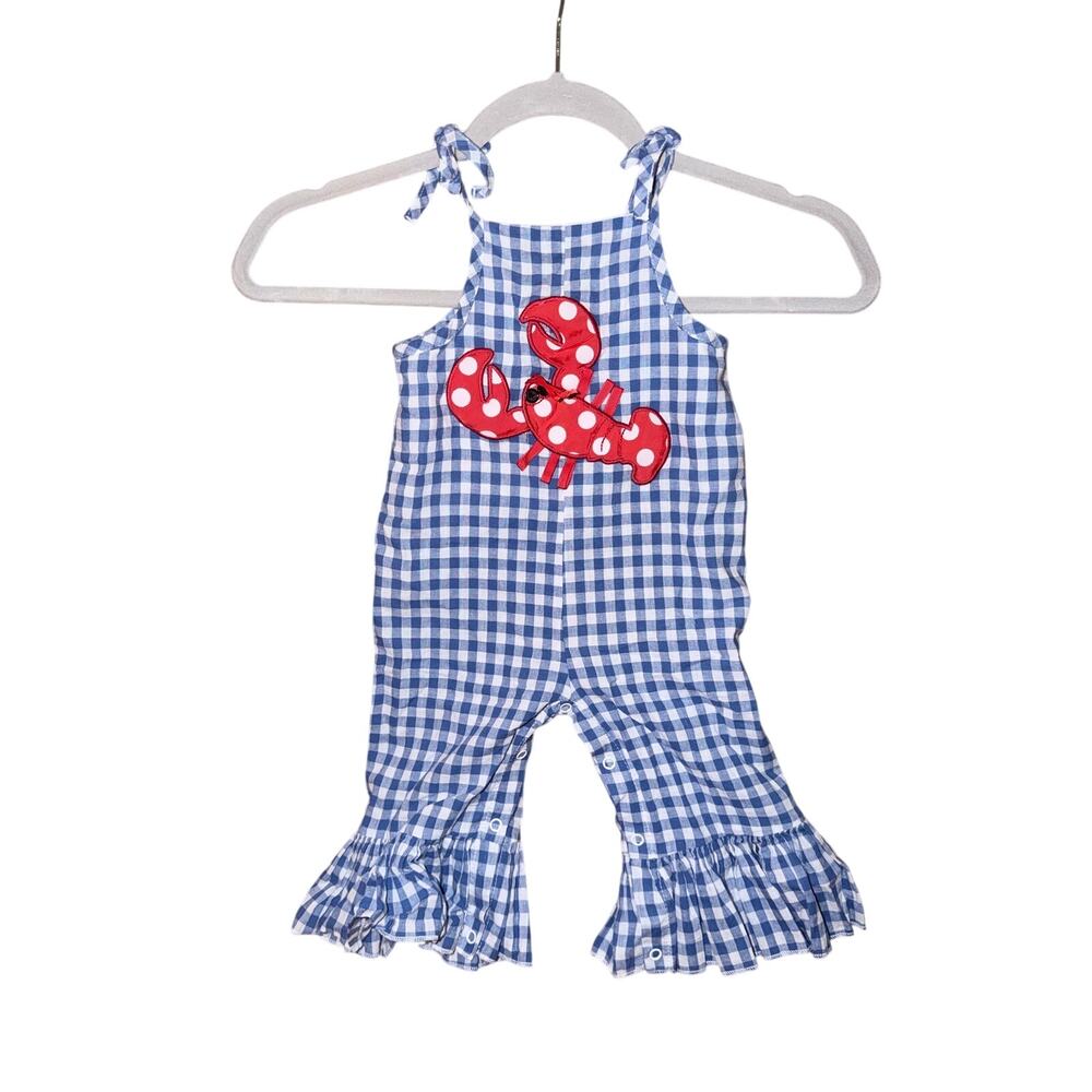 Mudpie blue gingham jumpsuit 2T 3T ruffle legs lobster northeast 100% cotton
